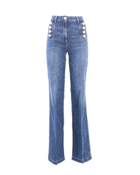Shop ELISABETTA FRANCHI  Jeans: Elisabetta Franchi jeans palazzo con bottoniera.
Jeans palazzo in cotone stretch. 
Modello con gamba dritta con bottoniera sul bacino e placca logo in metallo dorato.
Vita alta.
Etichetta fluo.
Bottoni e accessorio in metallo dorato.
Composizione: 99% Cotone 1% Elastane.
Fabbricato in Italia.. PJ29D36E2-104